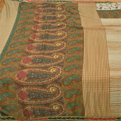 Sanskriti Vintage Sarees Ivory Indian Moss Crepe Sari Printed Soft Craft Fabric