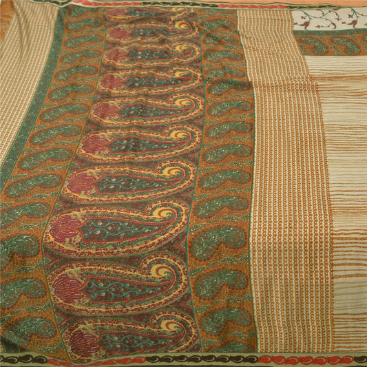 Sanskriti Vintage Sarees Ivory Indian Moss Crepe Sari Printed Soft Craft Fabric