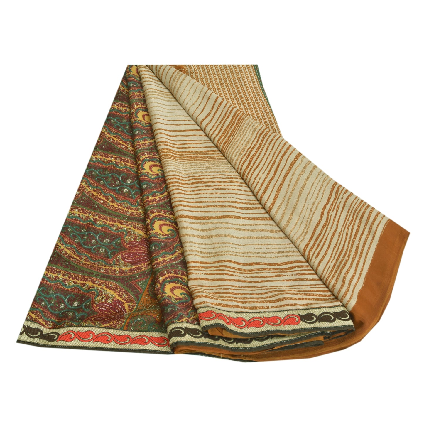 Sanskriti Vintage Sarees Ivory Indian Moss Crepe Sari Printed Soft Craft Fabric