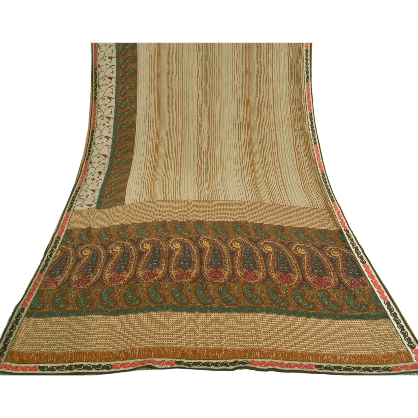 Sanskriti Vintage Sarees Ivory Indian Moss Crepe Sari Printed Soft Craft Fabric