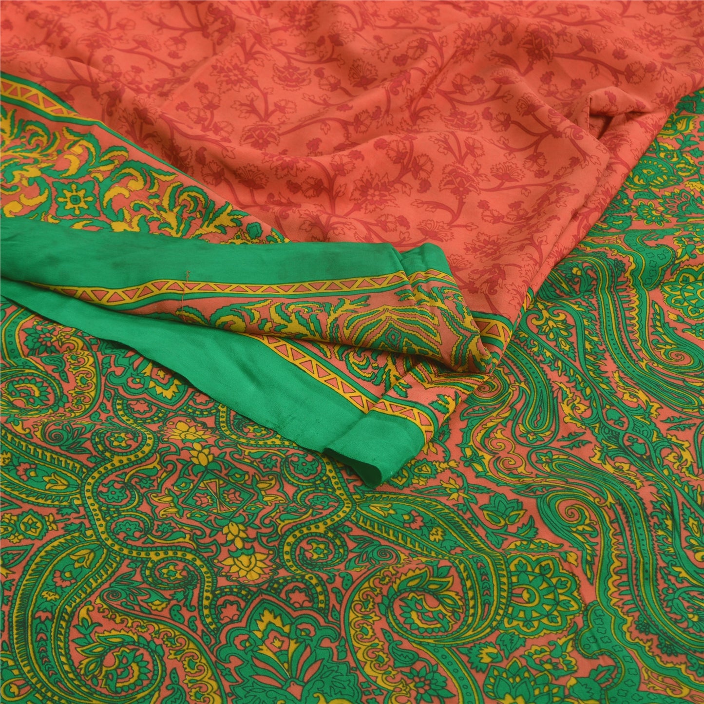 Sanskriti Vintage Sarees Red Indian Moss Crepe Sari Printed Soft Craft Fabric