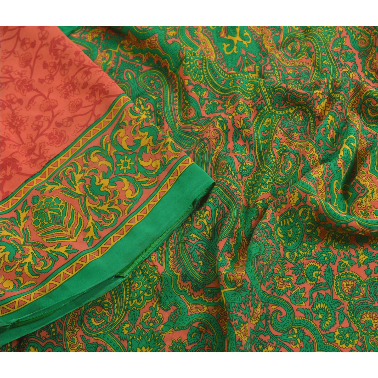 Sanskriti Vintage Sarees Red Indian Moss Crepe Sari Printed Soft Craft Fabric