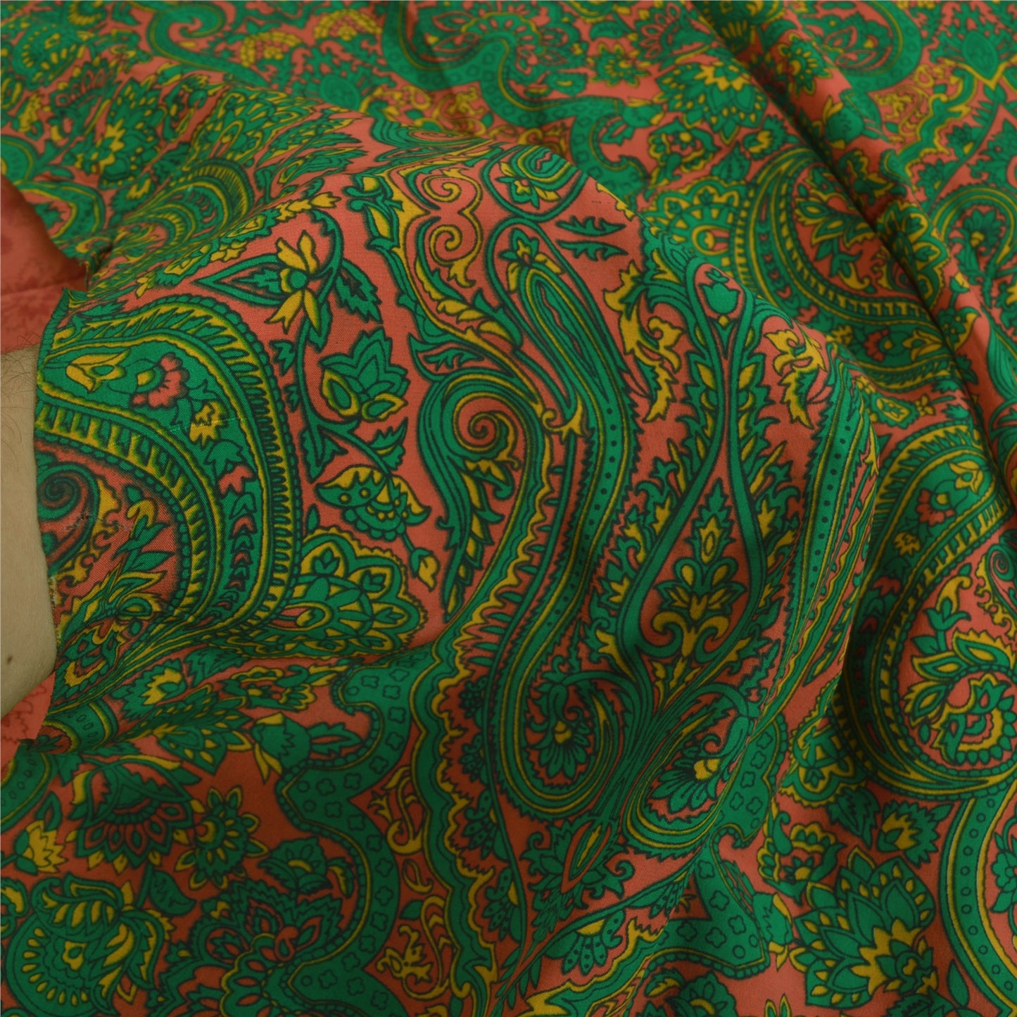 Sanskriti Vintage Sarees Red Indian Moss Crepe Sari Printed Soft Craft Fabric