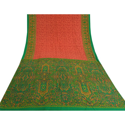 Sanskriti Vintage Sarees Red Indian Moss Crepe Sari Printed Soft Craft Fabric
