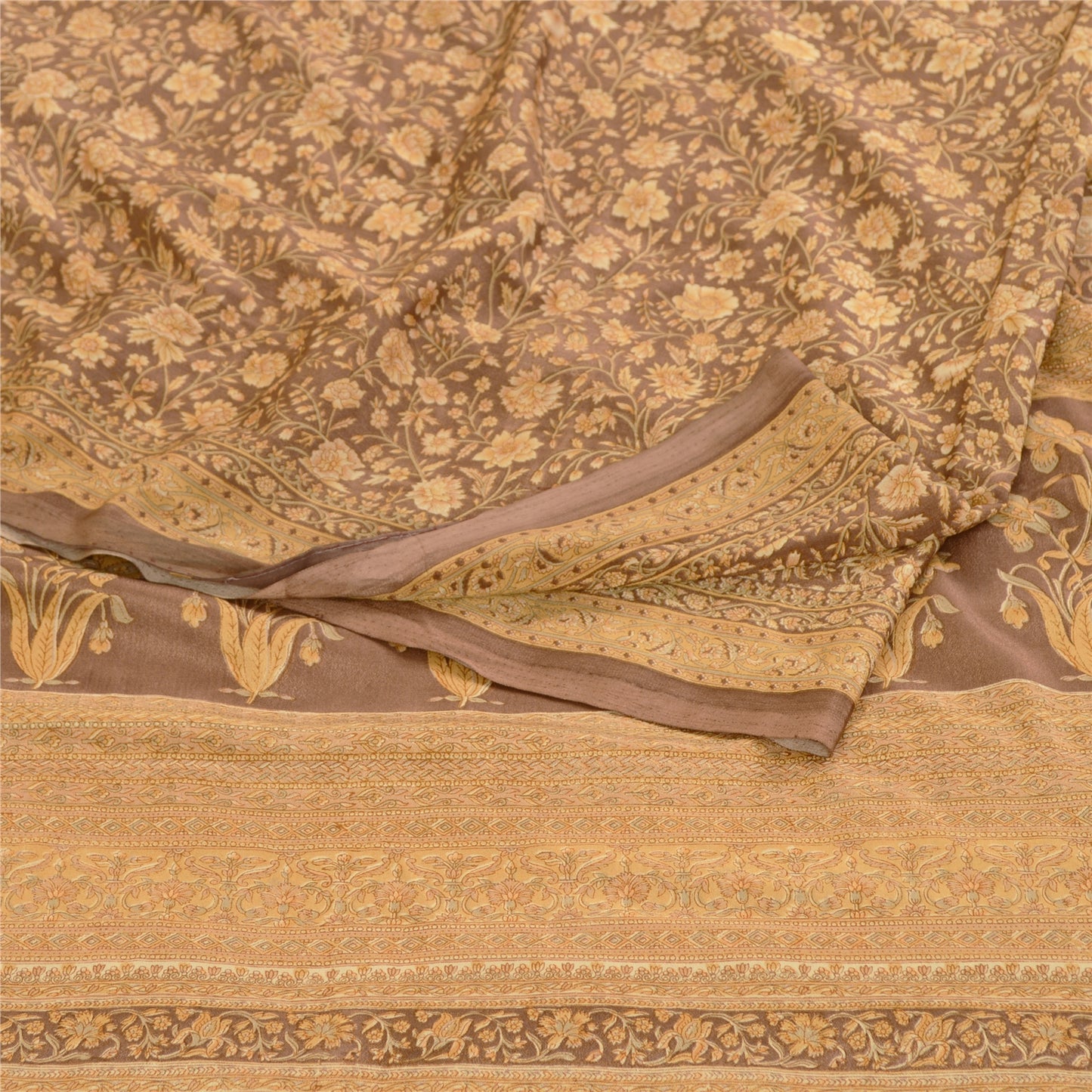 Sanskriti Vintage Sarees Indian Brown Moss Crepe Sari Printed Soft Craft Fabric