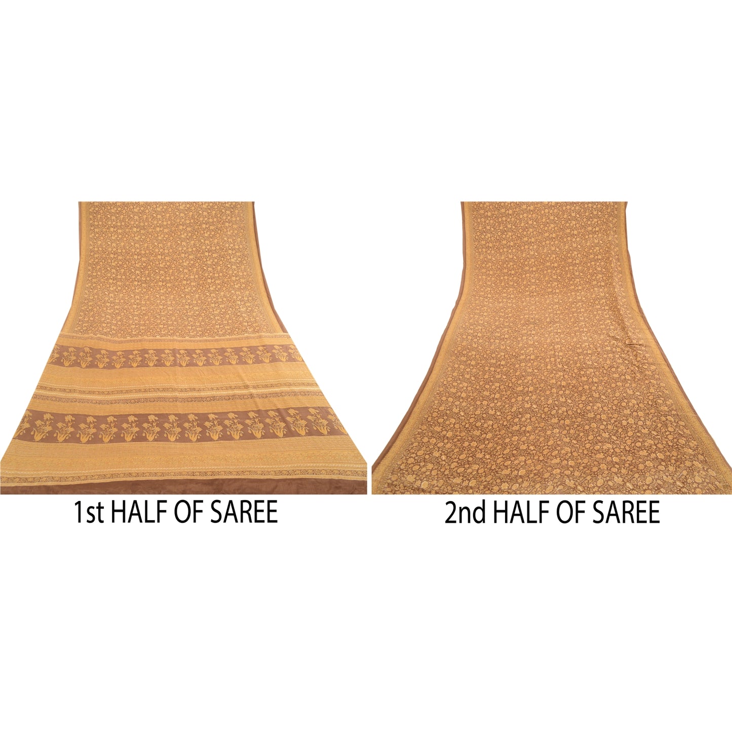 Sanskriti Vintage Sarees Indian Brown Moss Crepe Sari Printed Soft Craft Fabric