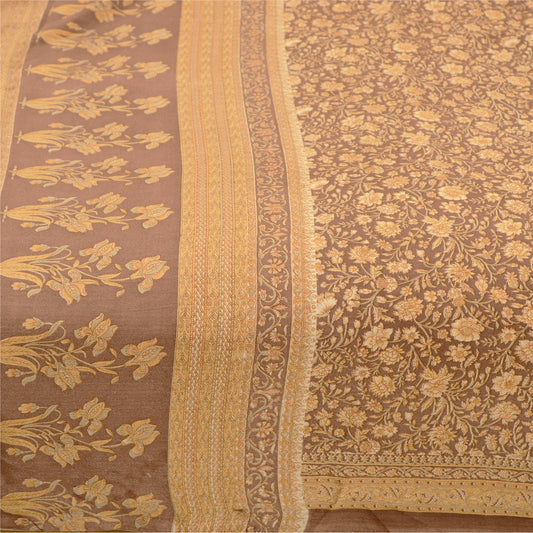 Sanskriti Vintage Sarees Indian Brown Moss Crepe Sari Printed Soft Craft Fabric