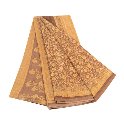 Sanskriti Vintage Sarees Indian Brown Moss Crepe Sari Printed Soft Craft Fabric
