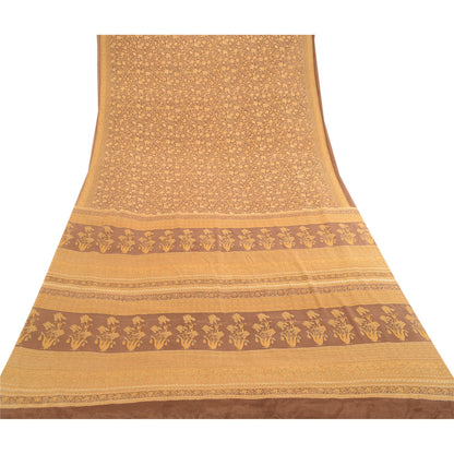 Sanskriti Vintage Sarees Indian Brown Moss Crepe Sari Printed Soft Craft Fabric