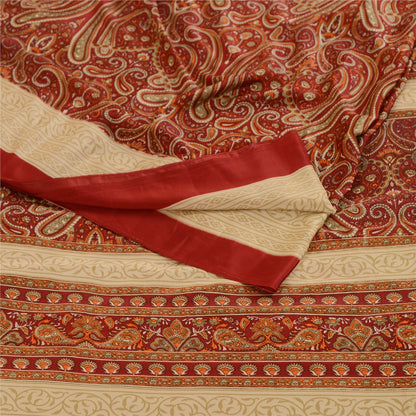 Sanskriti Vintage Sarees Dark Red Printed Moss Crepe Sari Soft 5yd Craft Fabric