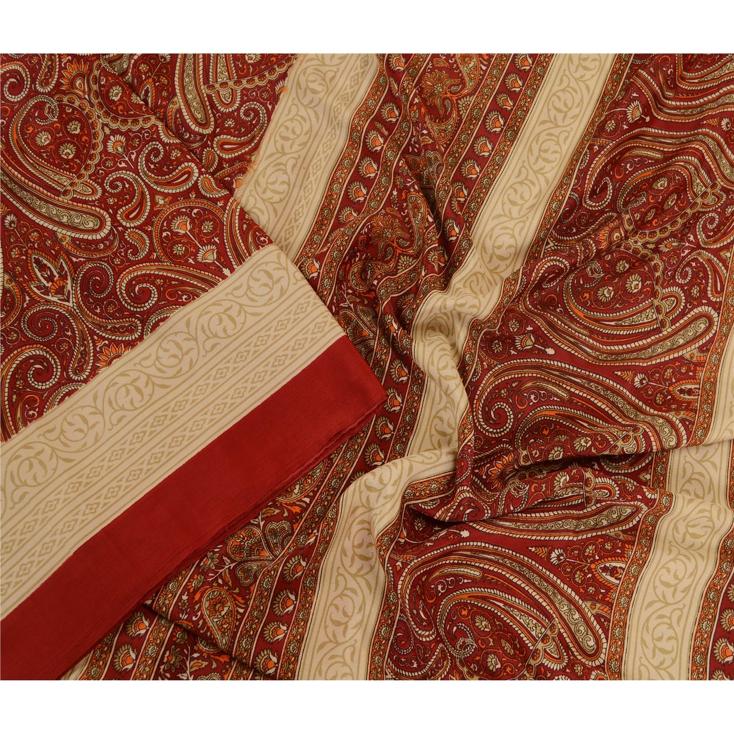 Sanskriti Vintage Sarees Dark Red Printed Moss Crepe Sari Soft 5yd Craft Fabric