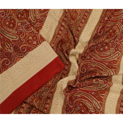 Sanskriti Vintage Sarees Dark Red Printed Moss Crepe Sari Soft 5yd Craft Fabric