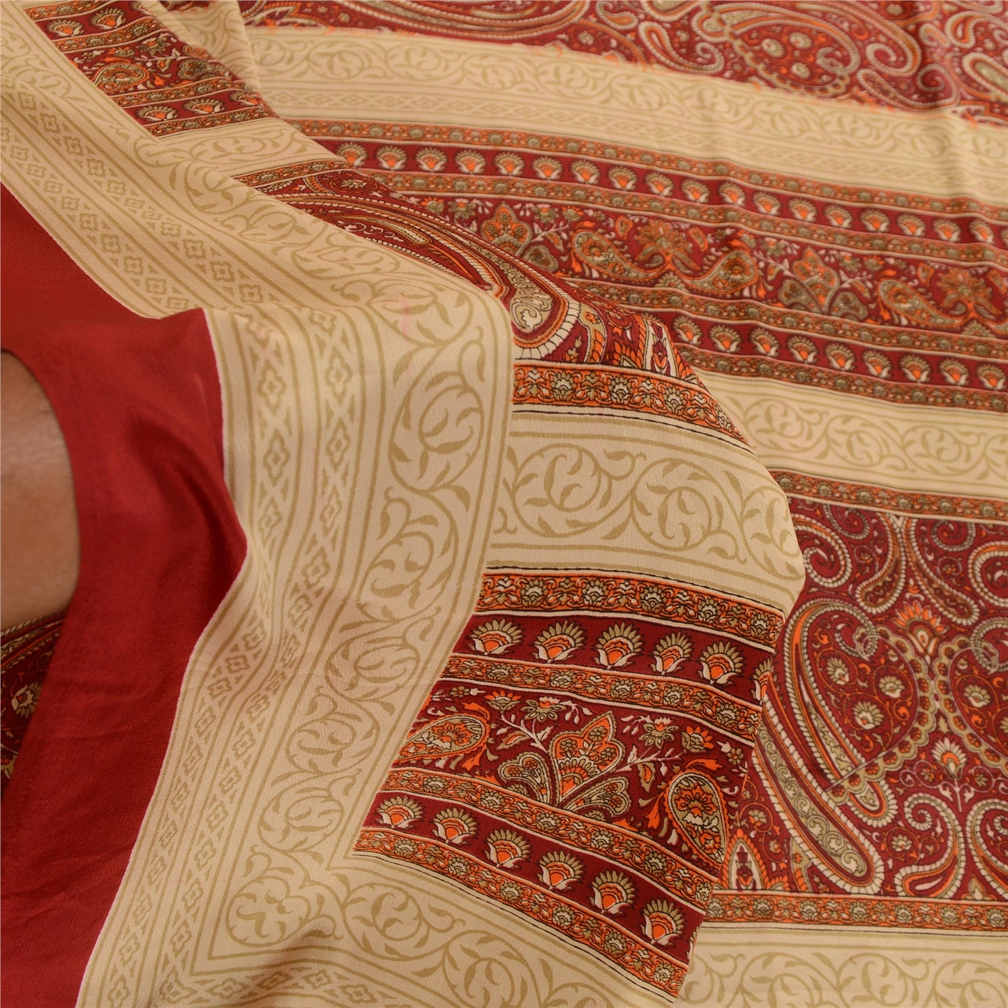 Sanskriti Vintage Sarees Dark Red Printed Moss Crepe Sari Soft 5yd Craft Fabric