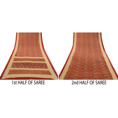 Sanskriti Vintage Sarees Dark Red Printed Moss Crepe Sari Soft 5yd Craft Fabric