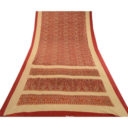 Sanskriti Vintage Sarees Dark Red Printed Moss Crepe Sari Soft 5yd Craft Fabric