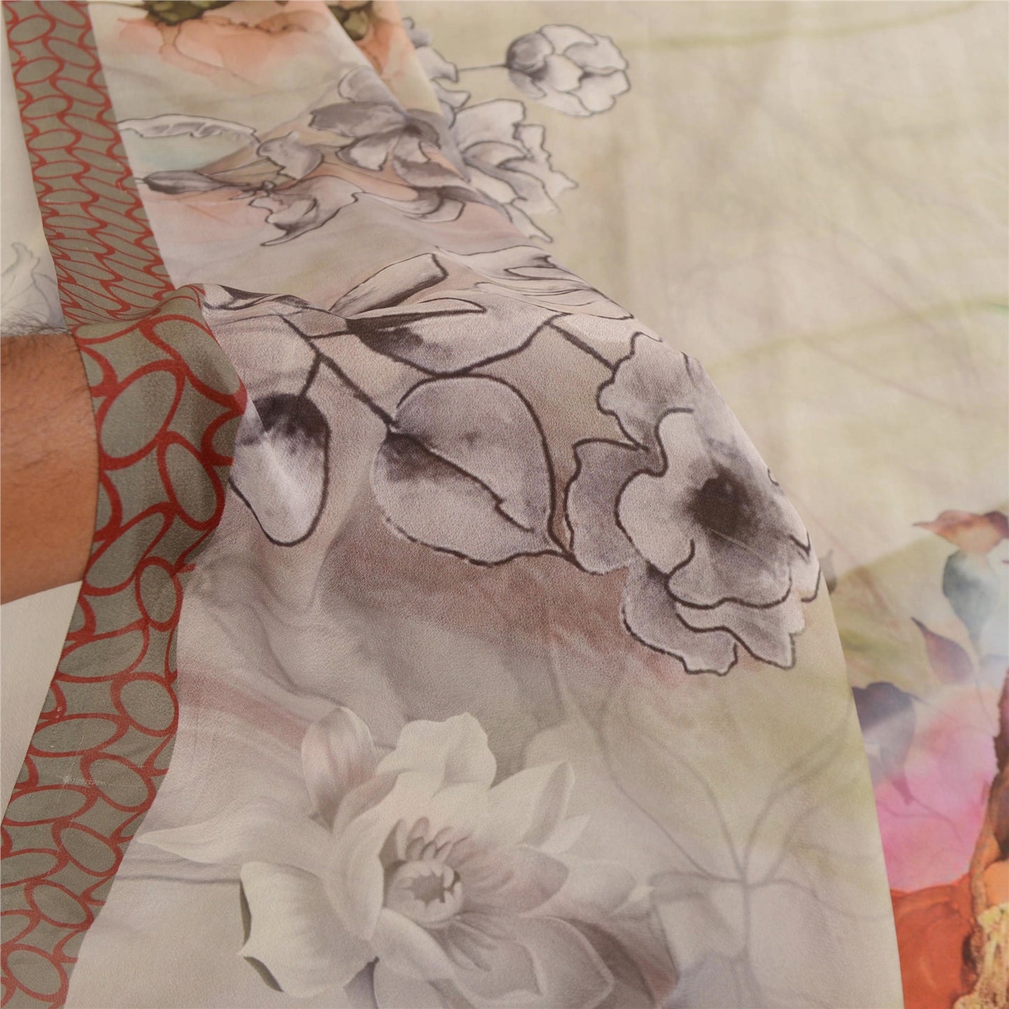 Sanskriti Vintage Sarees Gray Digital Printed Moss Crepe Sari Soft Craft Fabric