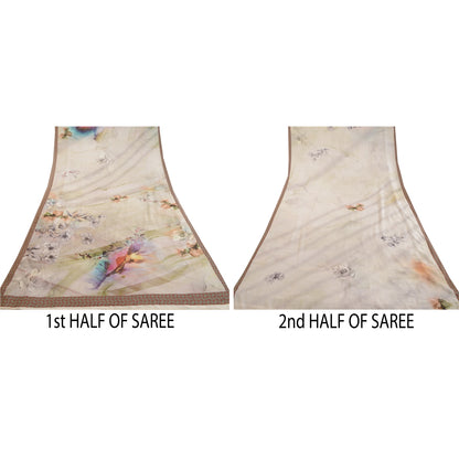 Sanskriti Vintage Sarees Gray Digital Printed Moss Crepe Sari Soft Craft Fabric