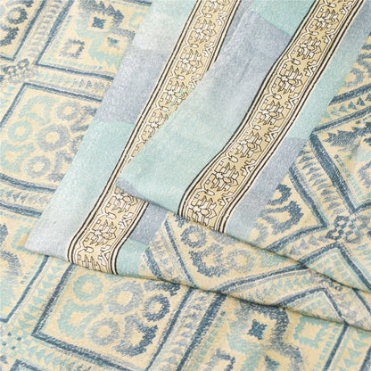 Sanskriti Vintage Sarees Ivory & Blue Moss Crepe Printed Sari 5+yd Craft Fabric