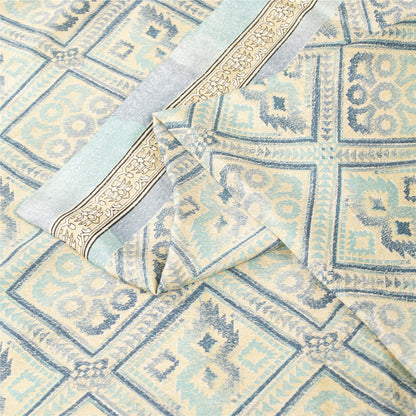 Sanskriti Vintage Sarees Ivory & Blue Moss Crepe Printed Sari 5+yd Craft Fabric