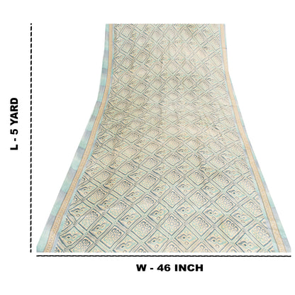 Sanskriti Vintage Sarees Ivory & Blue Moss Crepe Printed Sari 5+yd Craft Fabric