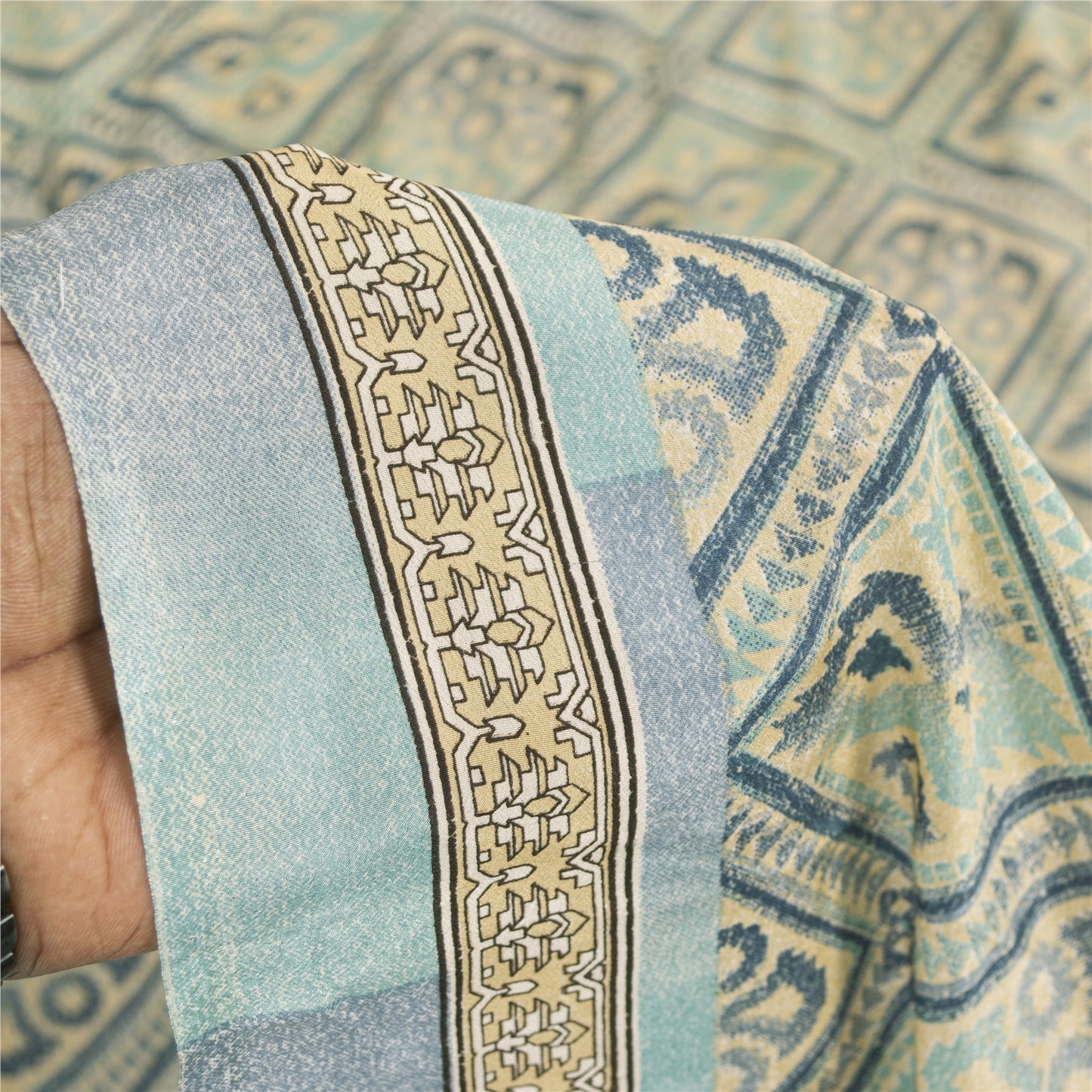 Sanskriti Vintage Sarees Ivory & Blue Moss Crepe Printed Sari 5+yd Craft Fabric