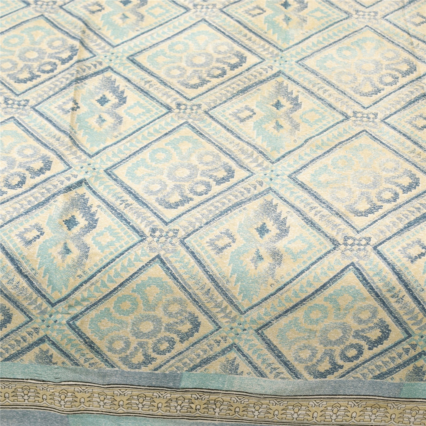 Sanskriti Vintage Sarees Ivory & Blue Moss Crepe Printed Sari 5+yd Craft Fabric