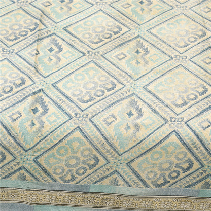Sanskriti Vintage Sarees Ivory & Blue Moss Crepe Printed Sari 5+yd Craft Fabric