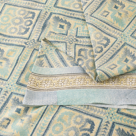 Sanskriti Vintage Sarees Ivory & Blue Moss Crepe Printed Sari 5+yd Craft Fabric