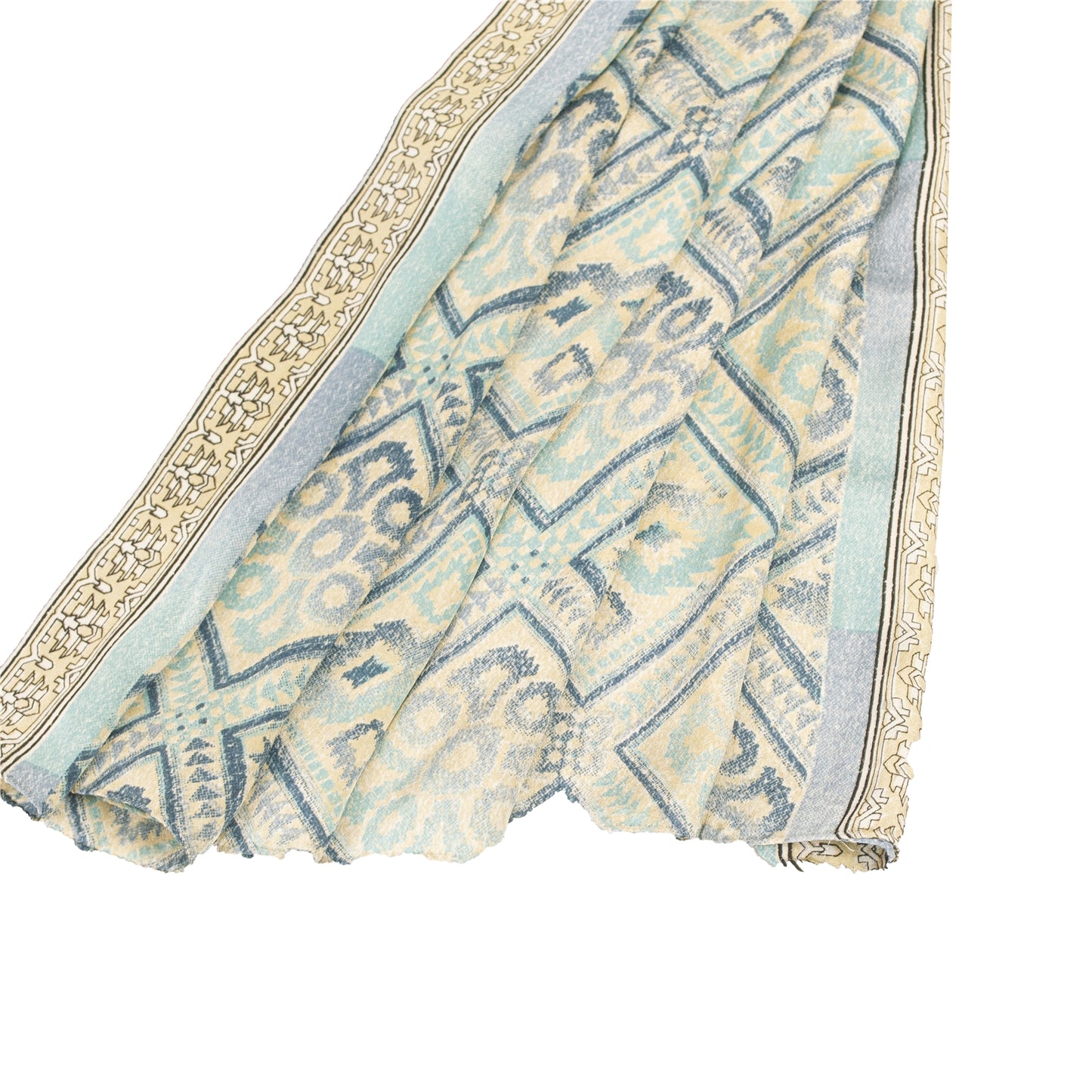 Sanskriti Vintage Sarees Ivory & Blue Moss Crepe Printed Sari 5+yd Craft Fabric