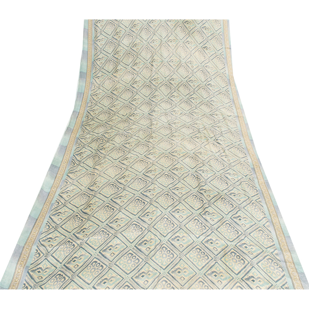 Sanskriti Vintage Sarees Ivory & Blue Moss Crepe Printed Sari 5+yd Craft Fabric