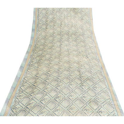 Sanskriti Vintage Sarees Ivory & Blue Moss Crepe Printed Sari 5+yd Craft Fabric