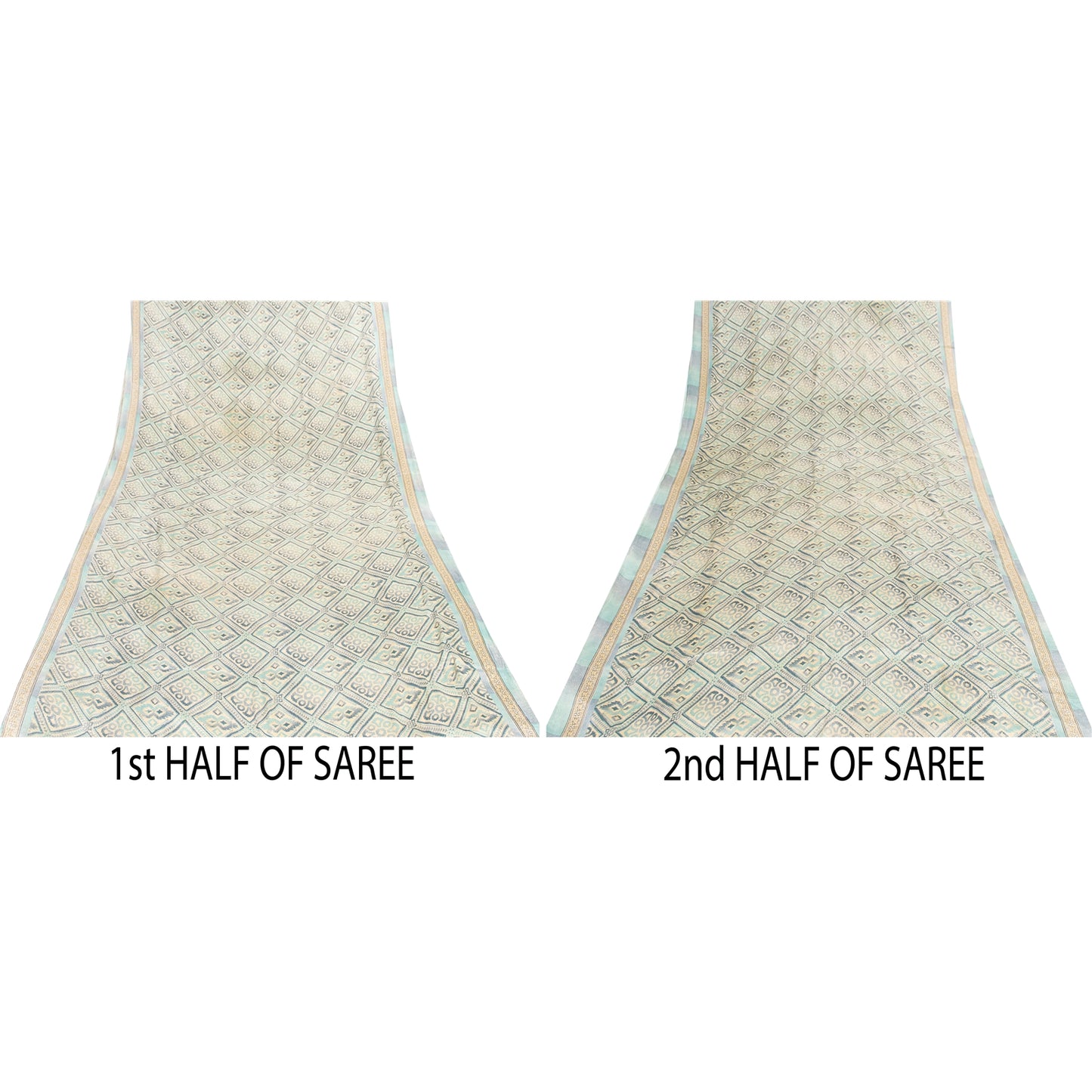 Sanskriti Vintage Sarees Ivory & Blue Moss Crepe Printed Sari 5+yd Craft Fabric