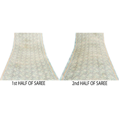 Sanskriti Vintage Sarees Ivory & Blue Moss Crepe Printed Sari 5+yd Craft Fabric