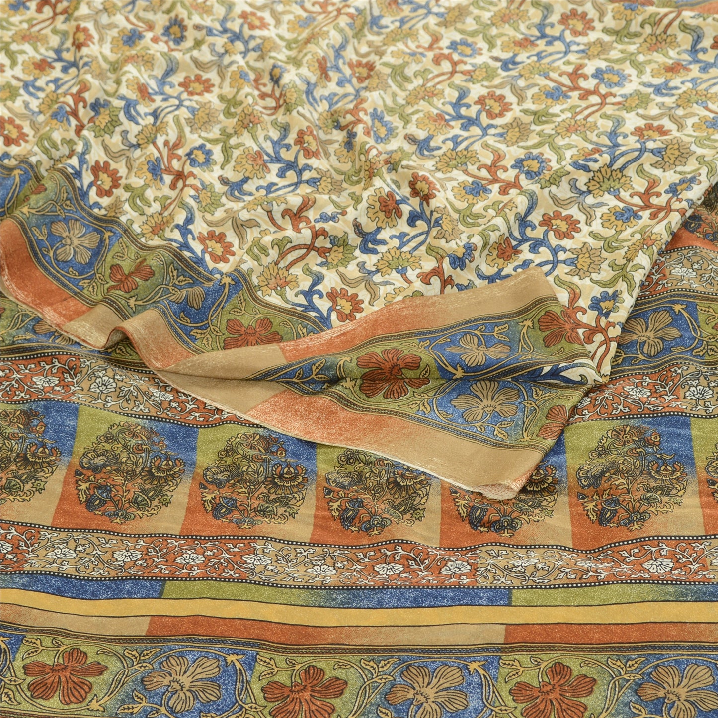 Sanskriti Vintage Sarees From India Ivory Printed Moss Crepe Sari Craft Fabric