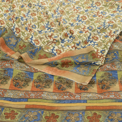 Sanskriti Vintage Sarees From India Ivory Printed Moss Crepe Sari Craft Fabric