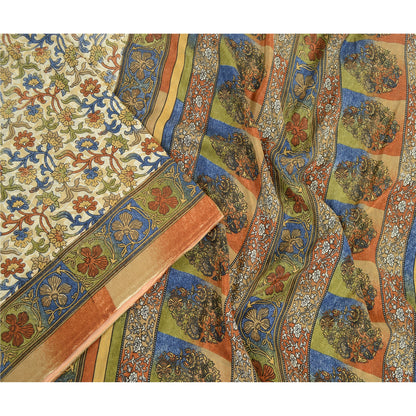 Sanskriti Vintage Sarees From India Ivory Printed Moss Crepe Sari Craft Fabric