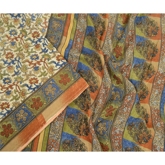Sanskriti Vintage Sarees From India Ivory Printed Moss Crepe Sari Craft Fabric