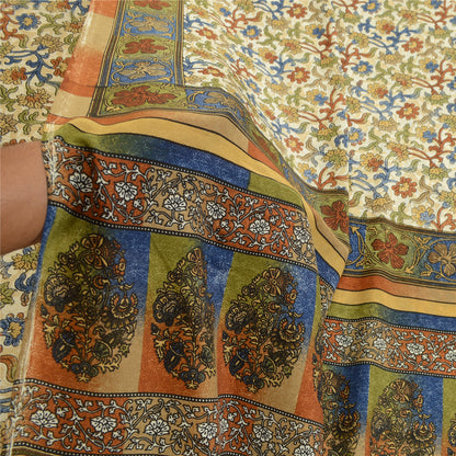 Sanskriti Vintage Sarees From India Ivory Printed Moss Crepe Sari Craft Fabric