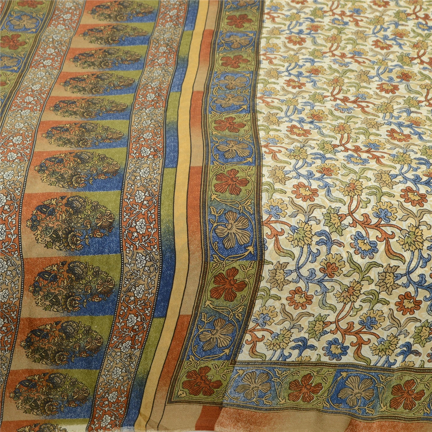 Sanskriti Vintage Sarees From India Ivory Printed Moss Crepe Sari Craft Fabric