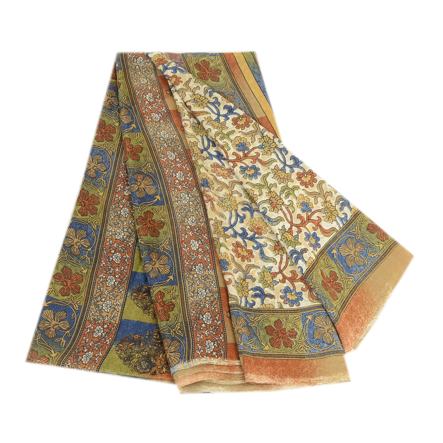 Sanskriti Vintage Sarees From India Ivory Printed Moss Crepe Sari Craft Fabric