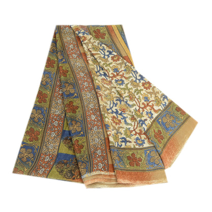 Sanskriti Vintage Sarees From India Ivory Printed Moss Crepe Sari Craft Fabric
