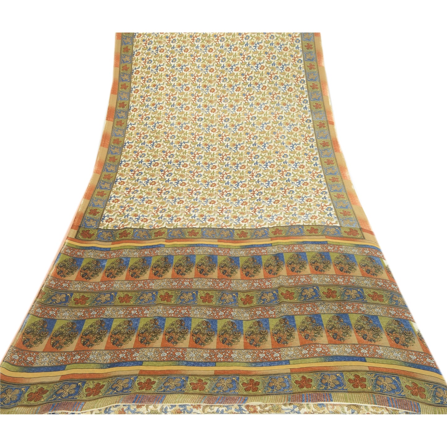 Sanskriti Vintage Sarees From India Ivory Printed Moss Crepe Sari Craft Fabric