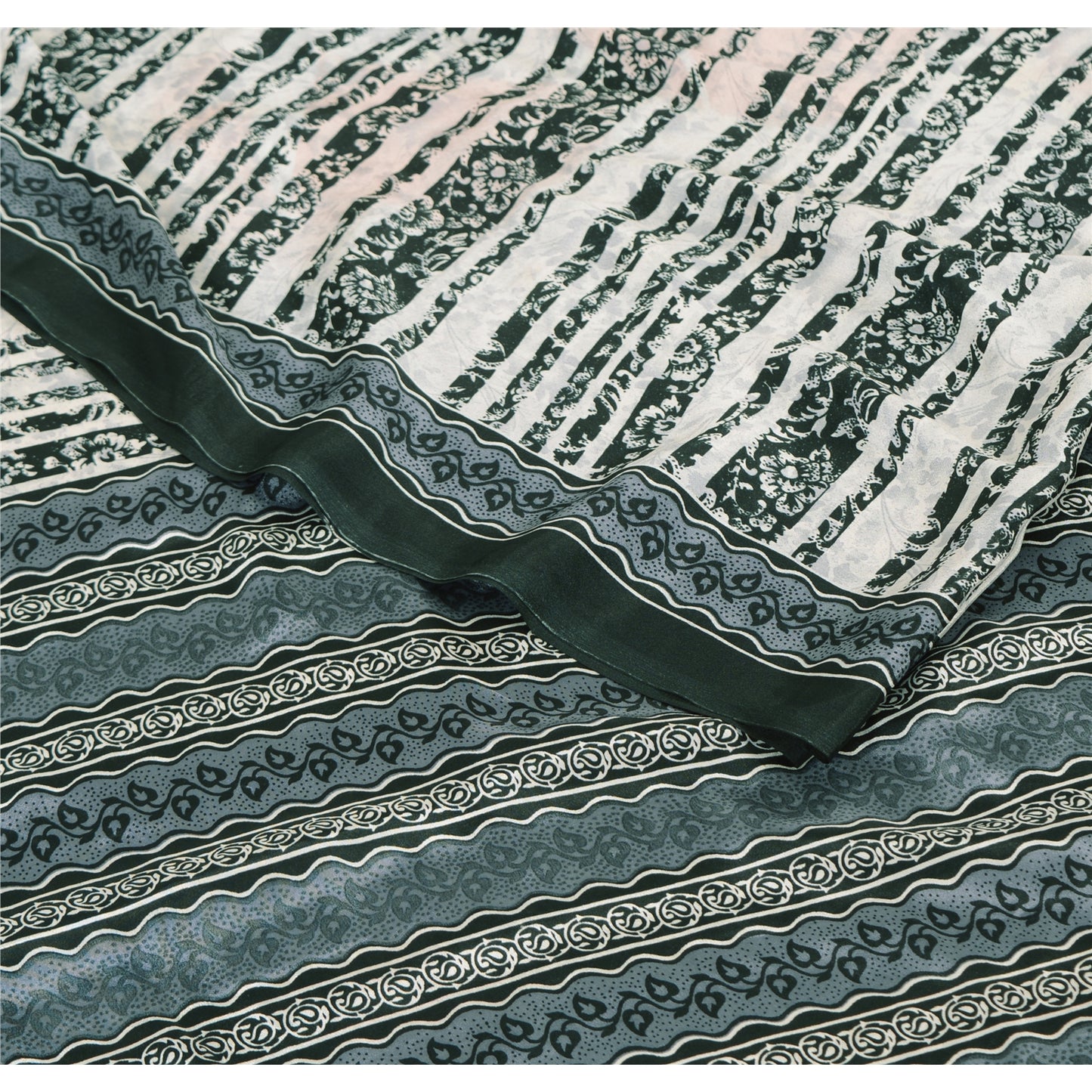 Sanskriti Vintage White & Gray Sarees Art Silk Print Premium Sari Craft Fabric