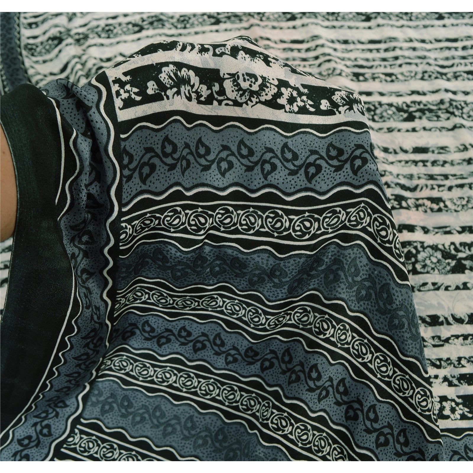 Sanskriti Vintage White & Gray Sarees Art Silk Print Premium Sari Craft Fabric