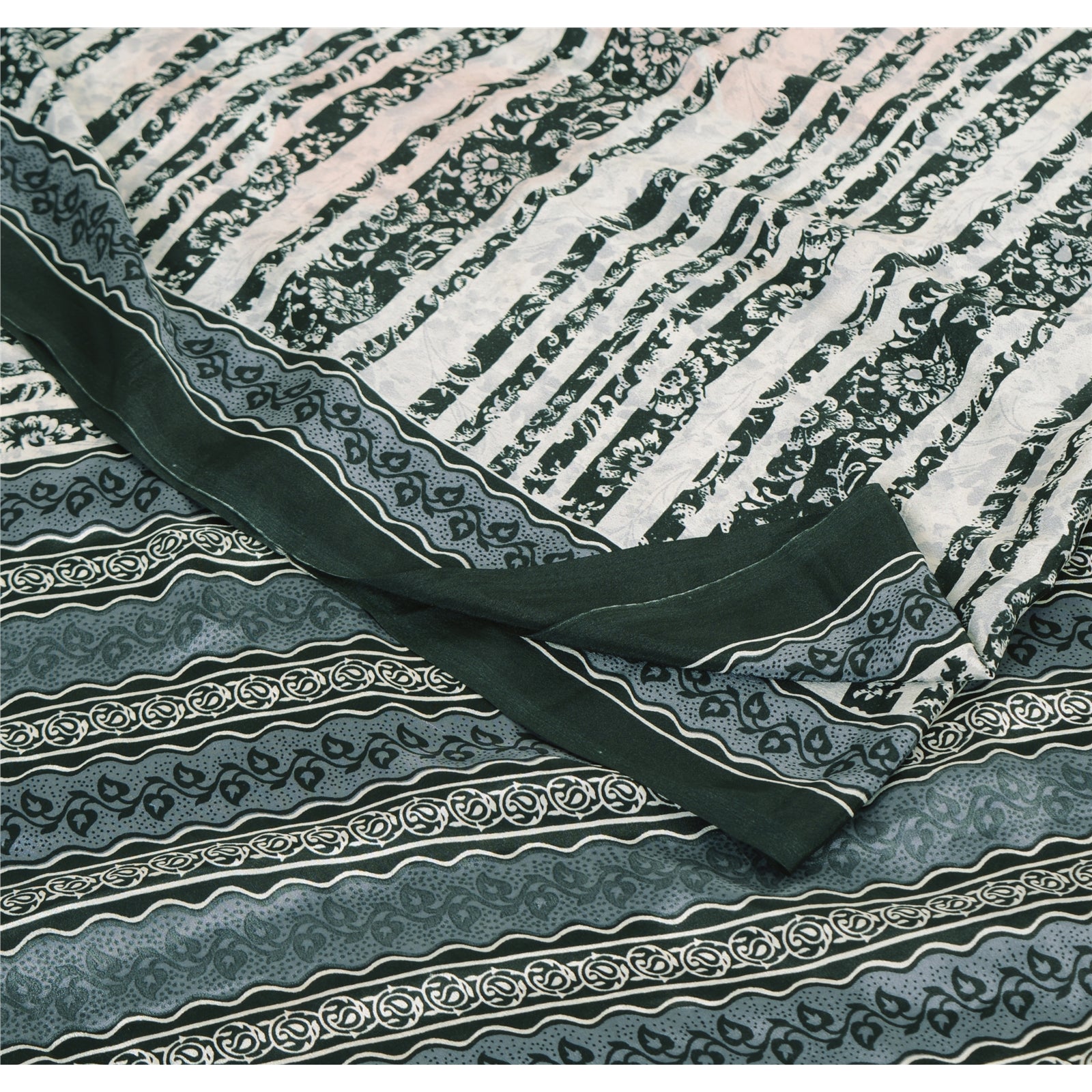 Sanskriti Vintage White & Gray Sarees Art Silk Print Premium Sari Craft Fabric