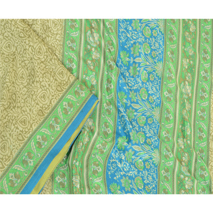 Sanskriti Vintage Sarees Green Indian Moss Crepe Printed Sari Soft Craft Fabric