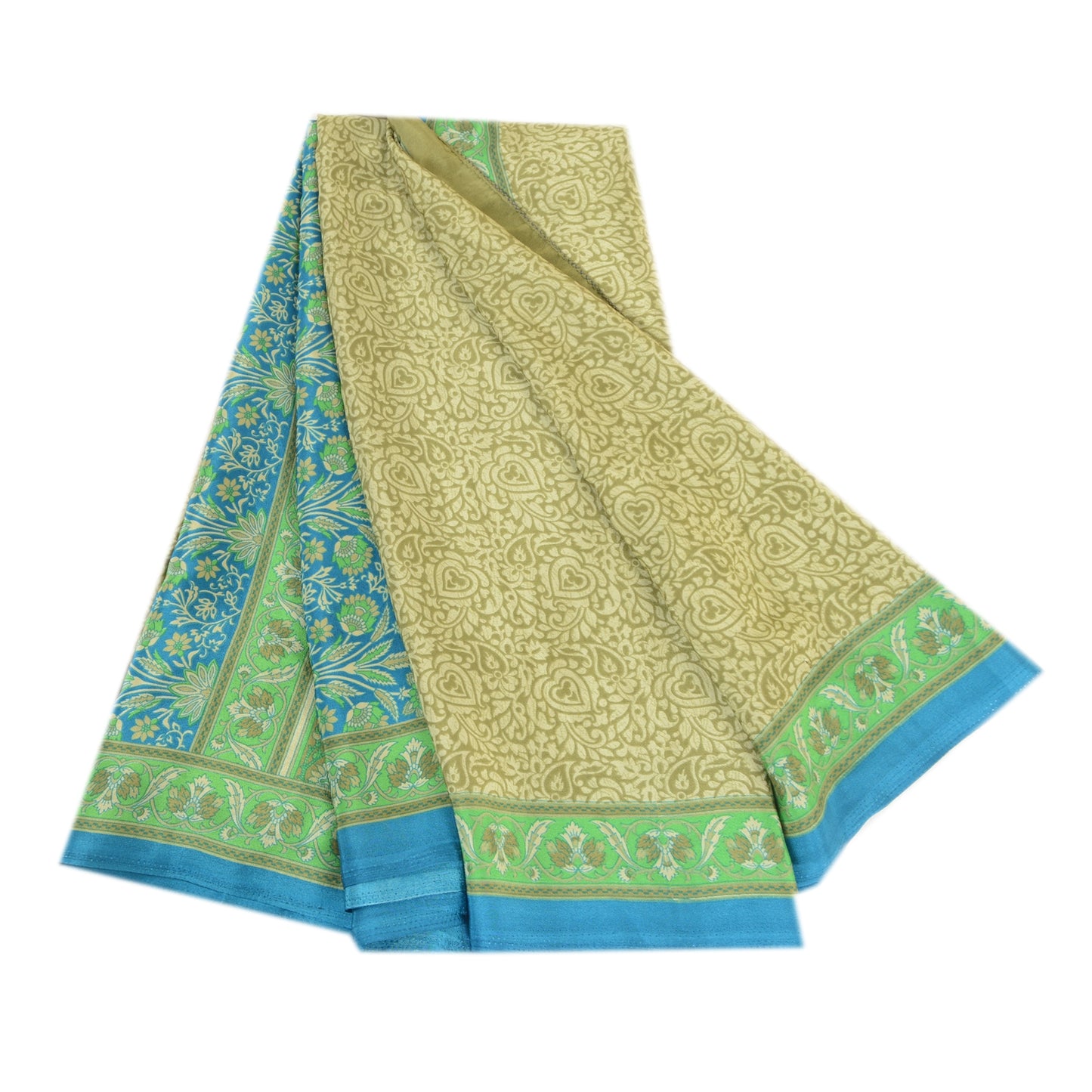 Sanskriti Vintage Sarees Green Indian Moss Crepe Printed Sari Soft Craft Fabric