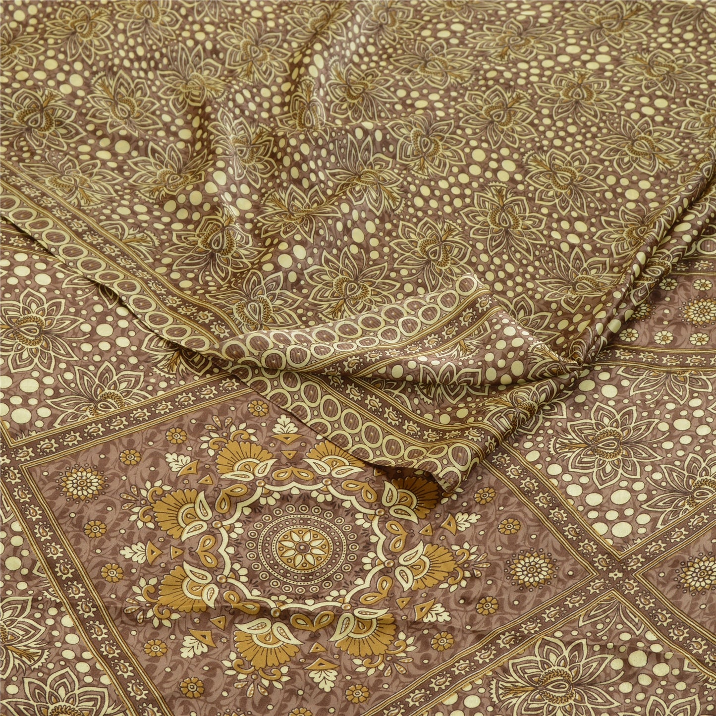 Sanskriti Vintage Sarees Brown Moss Crepe Printed Sari Soft Floral Craft Fabric