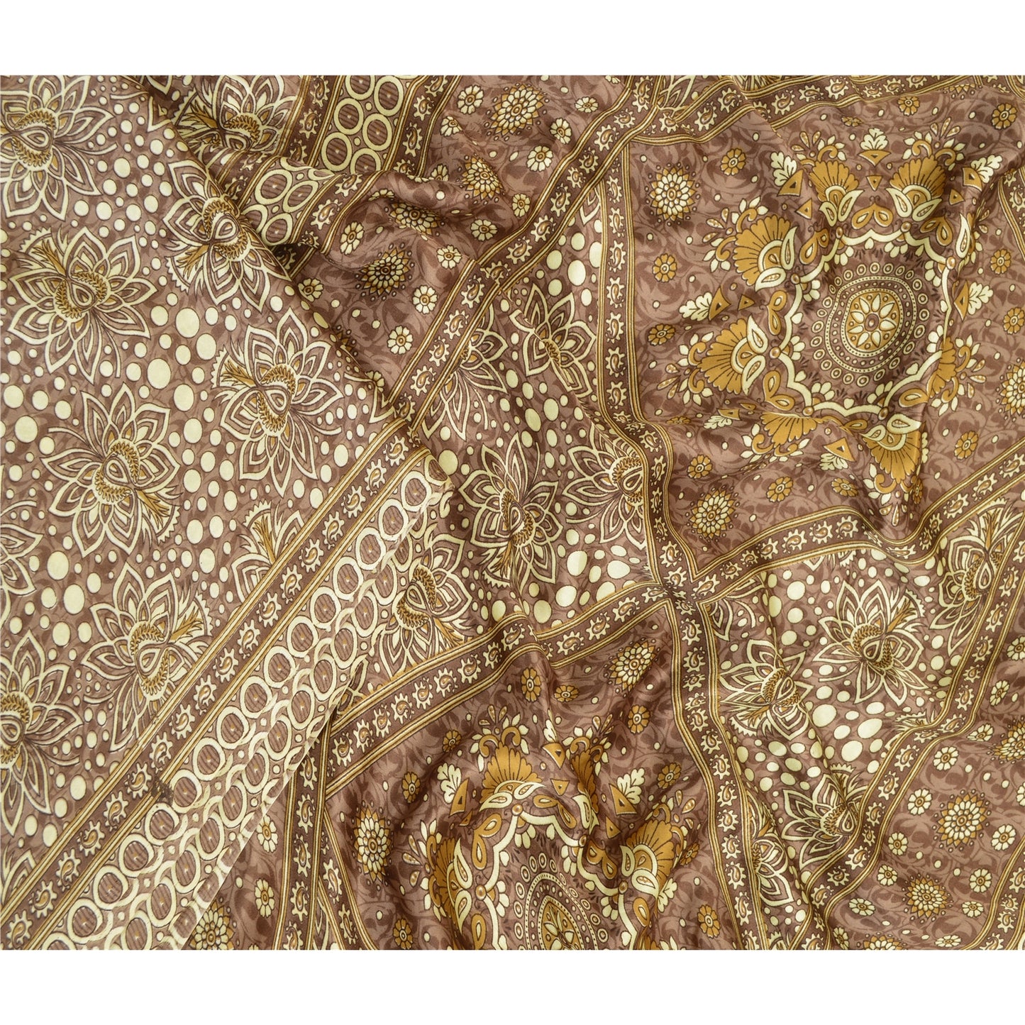 Sanskriti Vintage Sarees Brown Moss Crepe Printed Sari Soft Floral Craft Fabric