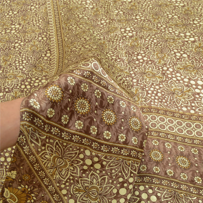 Sanskriti Vintage Sarees Brown Moss Crepe Printed Sari Soft Floral Craft Fabric